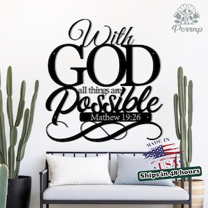 Scripture Metal Wall Decor, Matthew 19:26 Inspired Art, Jesus Wall Art for Christian Homes, Faith-Based Home Sign for Church & Prayer Rooms