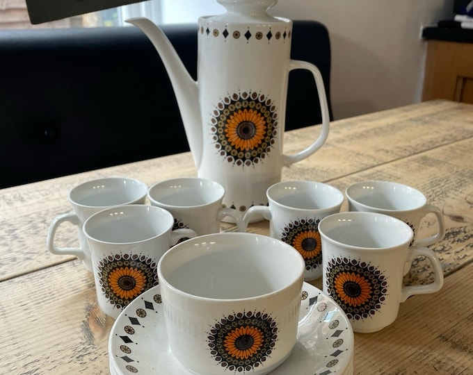 Vintage 1970s Coffee Set: Retro Sunflower Mandala, Mid-Century Modern Kitchenware