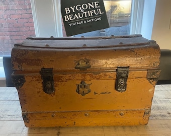Antique Curved Top Steamer Trunk – 19th Century Victorian Travel Chest – Distressed Patina & Vintage Storage