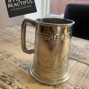 Vintage Sheffield Pewter Tankard – British Made Beer Mug with Hammered Band – Traditional Ale Cup- man cave