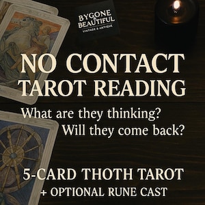 Può includere: Un annuncio di lettura dei tarocchi con il testo "NO CONTACT TAROT READING", "What are they thinking? Will they come back?" e "5-CARD THOTH TAROT + OPTIONAL RUNE CAST".