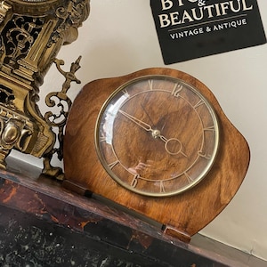 Mid-Century Mantel Clock – Vintage Wooden Wind-Up Clock – Art Deco Numerals – Ticking Untested Timepiece – Retro Home Decor