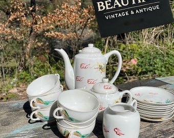 1930s Japanese Dragonware Tea Set with Lithophane Geisha – Moriage Porcelain – 15 Piece Vintage Set