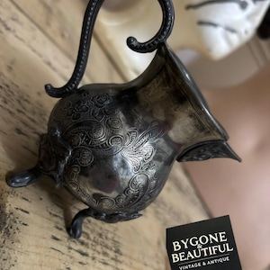 Antique Silver Plated Cream Jug | Ornate Victorian Footed Pitcher, Dark Academia Décor