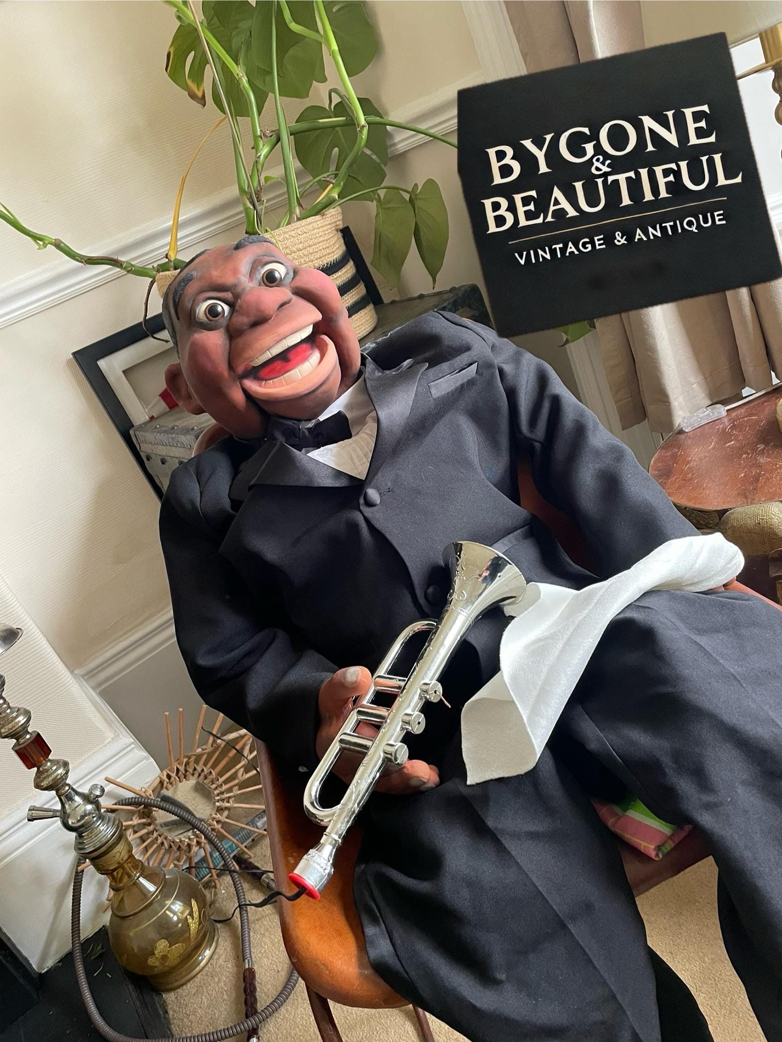Vintage Jazz Ventriloquo Dummy – Grande burattino anni '50-'70 con tromba – Memorabilia di intrattenimento da collezione