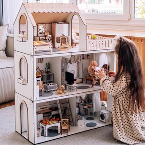Poppenhuis in Scandinavische stijl, houten poppenhuis voor Barbie, poppenhuis voor meisjes, verjaardagscadeau, cadeau voor dochter