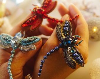 Dragonfly Brooch Pin, Beaded Insect Jewelry, Handmade Statement Brooch