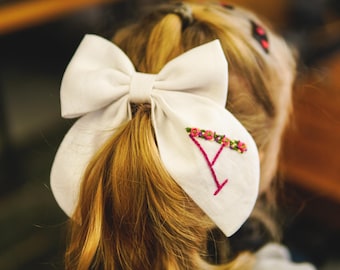 Monogrammed Linen Hair Bow, Personalized Initial, Handmade