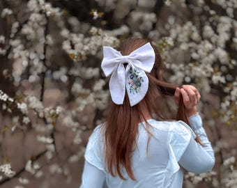 Handmade Linen Wedding Bow, Floral Embroidered Hair Accessory