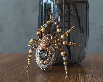 Handmade Swarovski Pearl Spider Brooch, Beaded Gothic Art Pin
