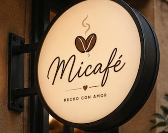 Anpassad rund ljuslåda för utomhusbruk med företagslogotyp | Upplyst rund akrylskylt med projektion för café, restaurang, bar och butik