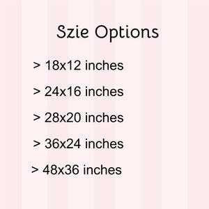 May include: Image displays size options for a product. Text reads "Szie Options" followed by size choices: 18x12 inches, 24x16 inches, 28x20 inches, 36x24 inches, and 48x36 inches. The background is a light pink color.