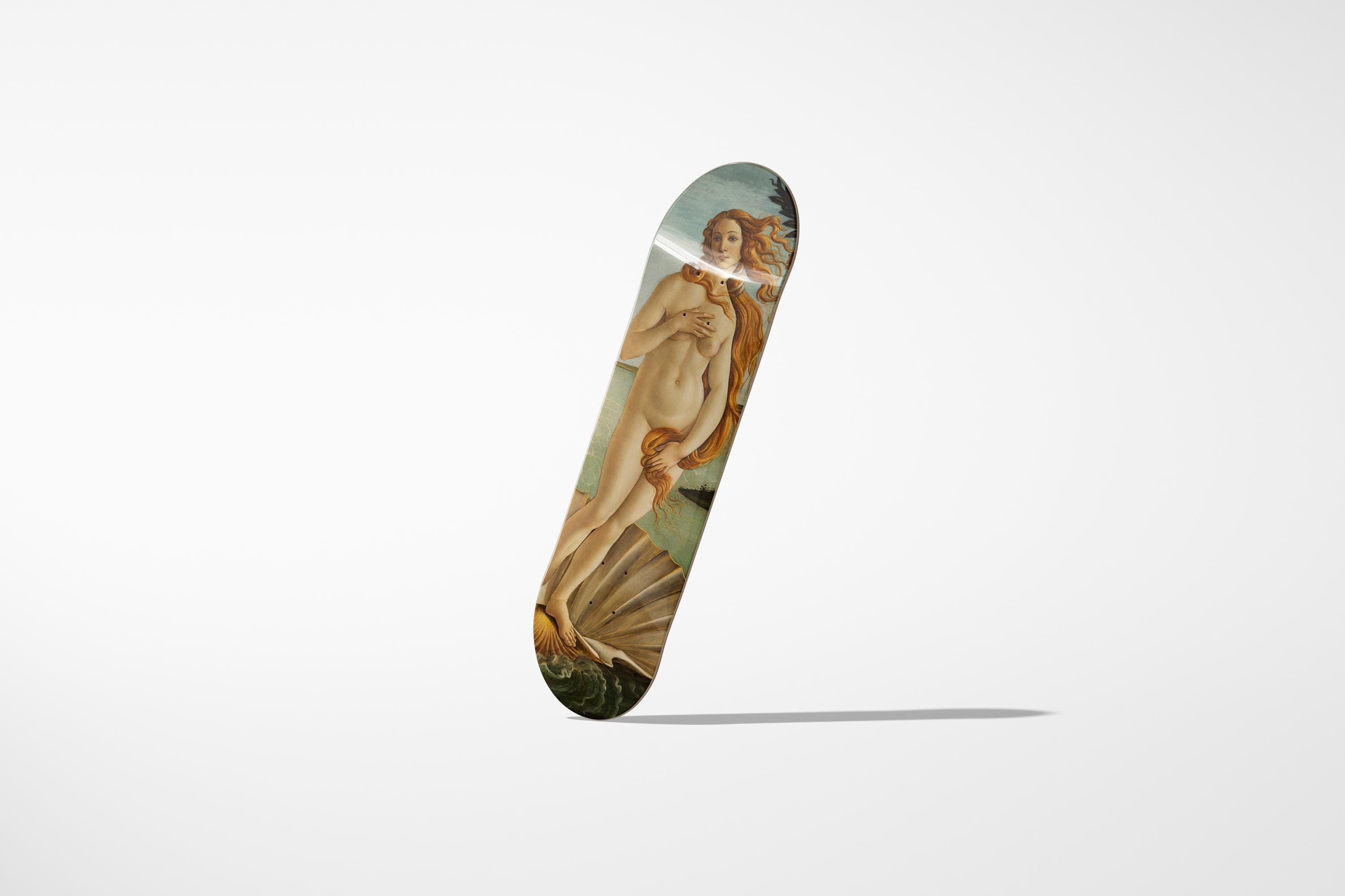 Birth of Venus skateboard art piece showcasing vibrant classical artwork on modern skateboard deck