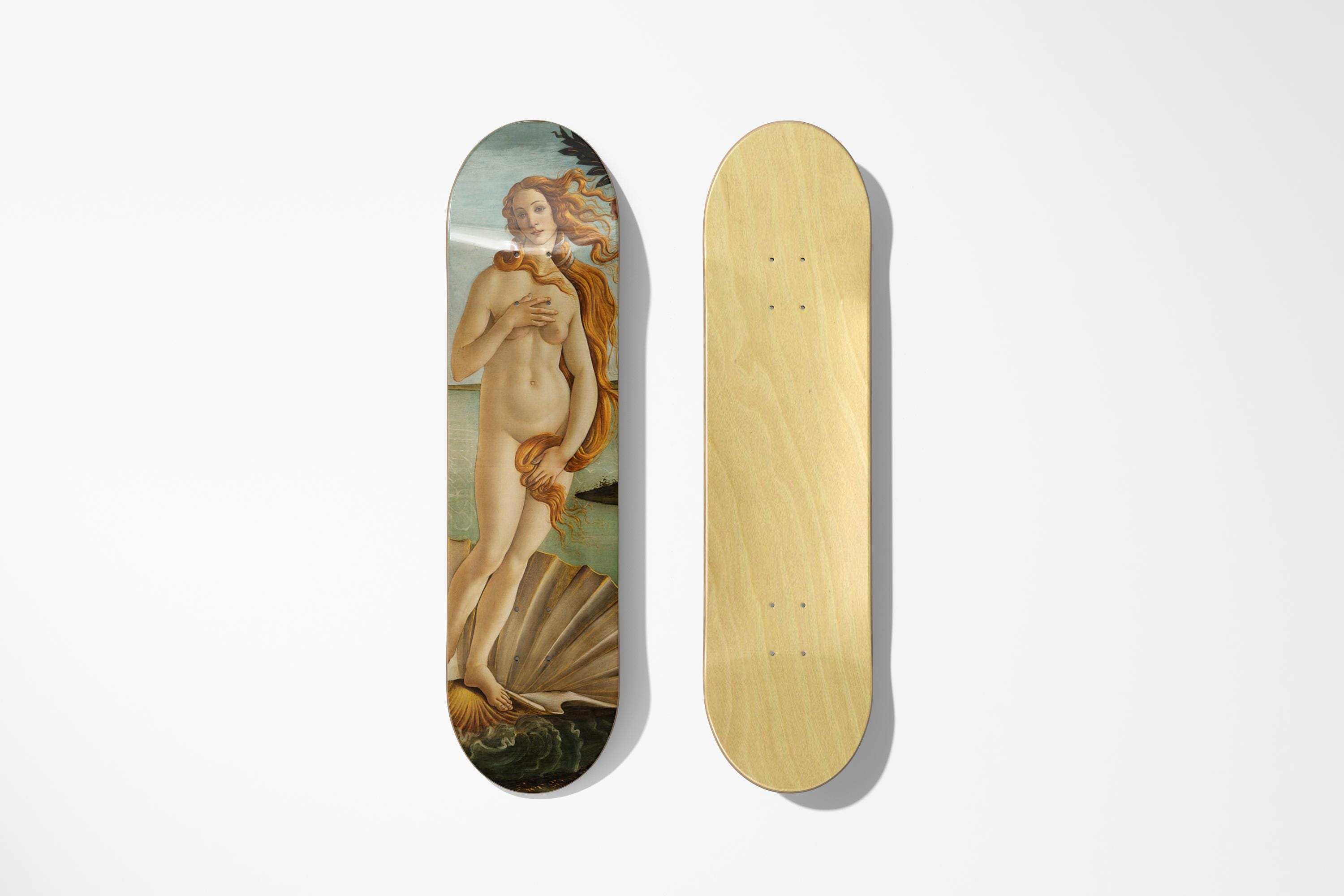 Birth of Venus skateboard deck art piece showcasing Botticelli's masterpiece on maple wood