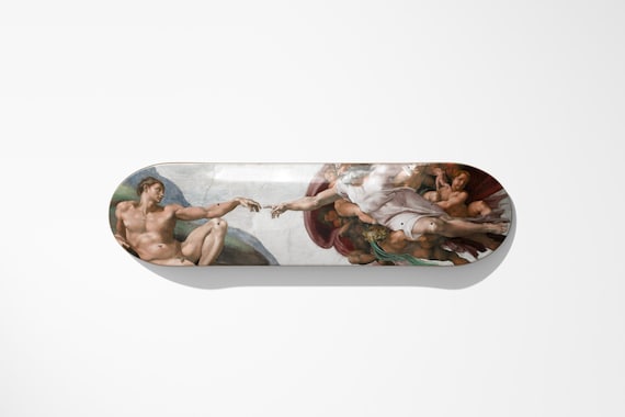 Skateboard art collection showing professional Renaissance reproductions with museum-quality printing