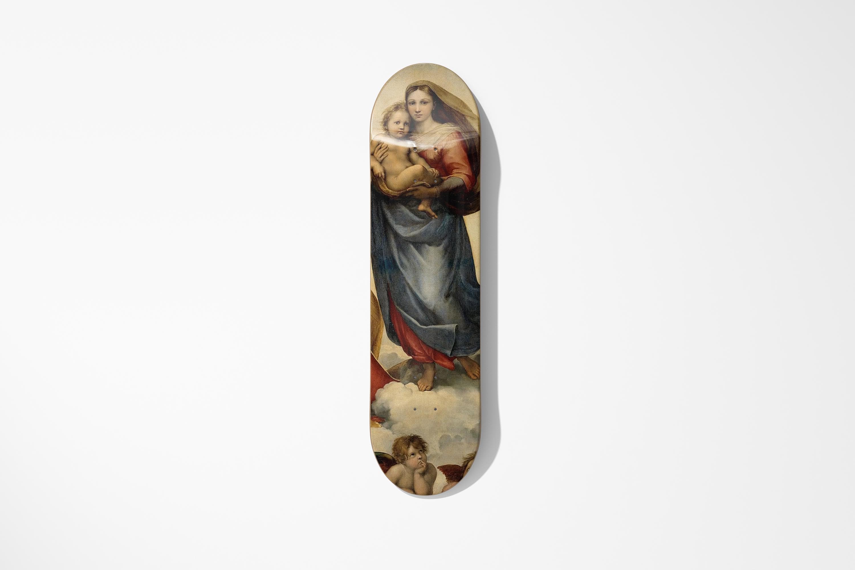 Sistine Madonna Renaissance art reproduced on skateboard deck wall mount horizontal