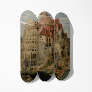 Set of 3 Skateboard Art Decks – Tower of Babel Design, 7-Ply Maple Wood, Modern Wall Decor, Artistic Triptych for Home or Gallery Display