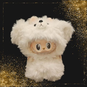 Handmade Crochet Fluffy White Bear Costume for Labubu Doll – Cute Plush Outfit