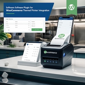 May include: A black and white thermal printer with a receipt that says "WooCommerce" on it. The printer is sitting on a white counter in a kitchen setting. A smartphone with a WooCommerce order screen is in the background.