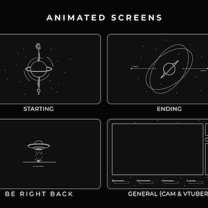 Animated Screens of the Stream pack - Minimal Space Animated Stream pack in horizontal for desktop - Twitch, Kick and YouTube adapted - Dark background - Withe lines - Lineal planets with orbits and stars for Starting Soon and Stream Ending - UFO absorbing a cow for Be RIght Back. General overlay for just chatting, with game capture area, chatbox area, labels and camera or vtuber area.