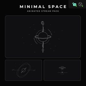 Puede incluir: Un paquete de transmisión animado en blanco y negro con un diseño minimalista que presenta un planeta con anillos, un OVNI y un campo de estrellas. El texto "MINIMAL SPACE ANIMATED STREAM PACK" está en la parte superior de la imagen.
