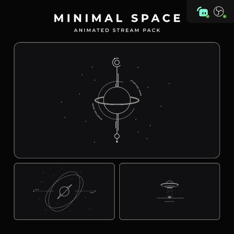 Minimal Space Animated Stream pack for Twitch, Kick and Youtube - Horizontal Overlays - Dark background - Withe lines - Lineal planets with orbits and stars for Starting Soon and Stream Ending - UFO absorbing a cow for Be RIght Back. VTuber friendly. Desktop Overlay.