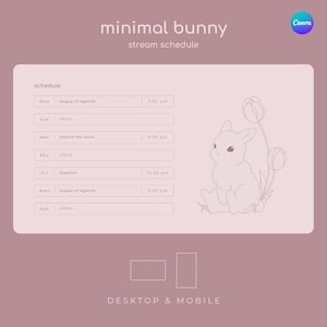 Pode incluir: Um design minimalista com uma ilustração de coelho e um cronograma de transmissão. O cronograma inclui horários para "League of Legends", "Beyond Two Souls" e "Dispatch". O design é em tons de rosa e inclui o texto "minimal bunny" e "stream schedule".