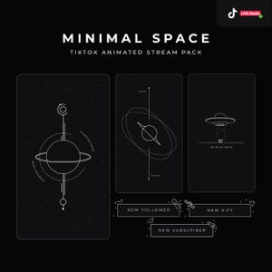 Puede incluir: Un conjunto de tres superposiciones de transmisión de TikTok animadas con un tema espacial. Las superposiciones presentan un planeta con anillos, un OVNI y un planeta con un anillo. Las superposiciones son en blanco y negro con un diseño minimalista. El texto "MINIMAL SPACE" está en la parte superior de la imagen. El texto "TIKTOK ANIMATED STREAM PACK" está debajo del título. El texto "NEW FOLLOWER", "NEW GIFT" y "NEW SUBSCRIBER" están en la parte inferior de la imagen.