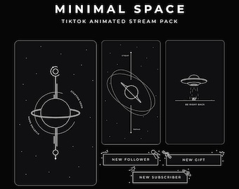 May include: A set of three animated TikTok stream overlays with a space theme. The overlays feature a planet with rings, a UFO, and a planet with a ring. The overlays are in black and white with a minimalist design. The text "MINIMAL SPACE" is at the top of the image. The text "TIKTOK ANIMATED STREAM PACK" is below the title. The text "NEW FOLLOWER", "NEW GIFT", and "NEW SUBSCRIBER" are at the bottom of the image.