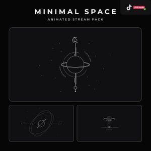 Puede incluir: Un paquete de transmisión animado en blanco y negro con un tema espacial minimalista. El paquete incluye un planeta con anillos, un OVNI y un campo de estrellas.