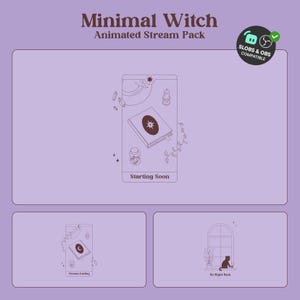 Può includere: Un pacchetto di arte digitale con un tema strega minimalista. Il pacchetto include grafiche animate per lo streaming con un libro, cristalli e un gatto vicino a una finestra. Il testo include "Minimal Witch", "Animated Stream Pack", "Starting Soon", "Stream Ending" e "Be Right Back".