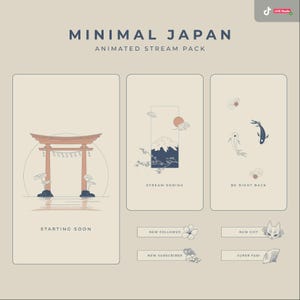 May include: Minimal Japan animated stream pack with illustrations of Japanese scenery. Includes graphics for "Starting Soon", "Stream Ending", and "Be Right Back". Also features graphics for "New Follower", "New Subscriber", "New Gift", and "Super Fan!"