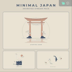 Puede incluir: Gráfico de paquete de transmisión animada Minimal Japan con una ilustración de puerta Torii en tonos naranja y marrón. El texto "Starting Soon" está debajo de la puerta. Paneles adicionales muestran ilustraciones del Monte Fuji y peces koi.