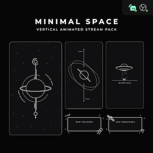 May include: A set of animated stream overlays with a minimalist space theme. The overlays feature a planet with rings, a UFO, and a satellite. The text "MINIMAL SPACE" is displayed at the top of the image. The text "VERTICAL ANIMATED STREAM PACK" is displayed below the title. The overlays also include the text "STARTING SOON", "STREAM", "ENDING SOON", "BE RIGHT BACK", "NEW FOLLOWER", and "NEW SUBSCRIBER".