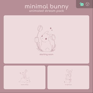 以下が含まれることがあります： チューリップを持った漫画のウサギが描かれた、アニメーションのストリーミングオーバーレイ3つのセット。最初のオーバーレイは「まもなく開始」と表示され、2番目のオーバーレイは「ストリーム終了」と表示され、3番目のオーバーレイは「すぐに戻ります」と表示されています。