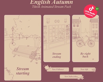 May include: An animated stream pack with an English Autumn theme. The pack includes illustrations of a park bench, a shop interior, and a street scene with a bicycle. Text includes "Stream starting", "Stream ending", and "Be right back".