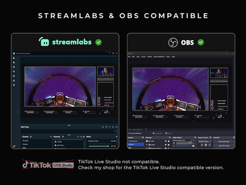Streamlabs and OBS compatible.
TikTok Live Studio not compatible.
Check my shop for the TikTok Live Studio compatible version.