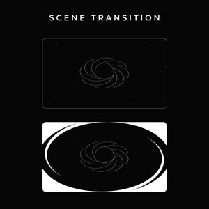 The scene transition is a minimal-linear illustration of a supermassive black hole that absorbs the black and starry background and changes scene.
