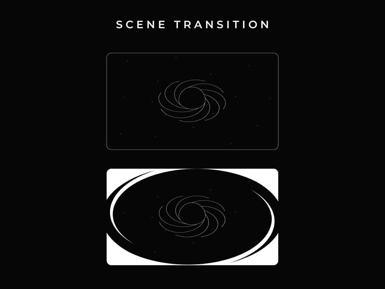 The scene transition is a minimal-linear illustration of a supermassive black hole that absorbs the black and starry background and changes scene.
