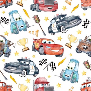 May include: A repeating pattern featuring watercolor illustrations of anthropomorphic race cars, a red semi-truck, a blue forklift, a black police car, a brown tow truck, yellow trophies, traffic lights, orange cones, yellow stars, and checkered flags.