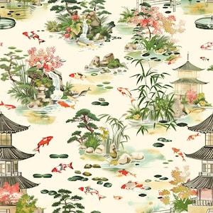 Può includere: Un motivo in tessuto ripetuto su sfondo color crema con illustrazioni di pesci koi, pagode, bonsai, cascate e formazioni rocciose. Il design presenta vivaci accenti rossi, arancioni e verdi che raffigurano un sereno paesaggio da giardino.
