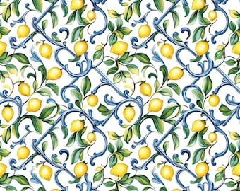 Lemon Sicilian Tile Fabric, Amalfi Citrus Mediterranean Fabric, 55In Wide By The Half Yard, Quilting Sewing Craft Fabric
