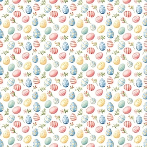 Peut inclure: Un motif sans couture représentant des œufs de Pâques de couleur pastel avec différents motifs, notamment des rayures, des pois et des motifs floraux. Les œufs sont dispersés sur un fond blanc avec de petites branches vertes.
