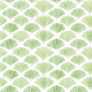 May include: A repeating pattern featuring stylized fan-shaped leaves in shades of light and dark green. Each leaf cluster originates from a small, pale pink base, arranged in a staggered, symmetrical layout against a solid white background.