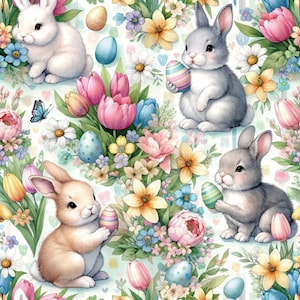 Może przedstawiać: Wzór bez szwów z pastelowymi jajkami wielkanocnymi, kolorowymi tulipanami i królikami trzymającymi jajka. Tło jest białe z subtelnym niebiesko-białym wzorem.