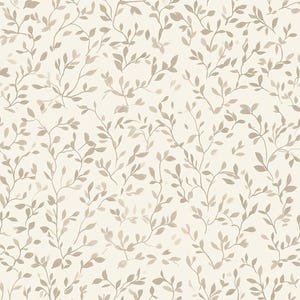 May include: A repeating pattern of light brown, delicate, thin-stemmed branches with small, oval-shaped leaves printed on a solid, off-white background. The botanical design features slender, winding vines that create a continuous, organic texture.
