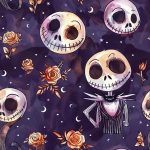 May include: A seamless pattern featuring stylized skeletal heads with large dark eye sockets and stitched mouths, interspersed with orange roses and small white crescent moons against a dark purple background. One skeletal figure wears a pinstriped suit.