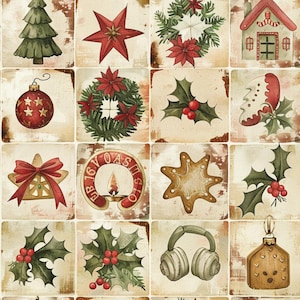 May include: A grid pattern fabric featuring various Christmas illustrations including a green pine tree, a red star, a wreath with poinsettias, a small house, a red ornament, holly leaves with berries, a bell with a red bow, and headphones.
