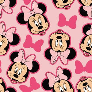 May include: A repeating pattern featuring the face of Minnie Mouse with a light pink bow, interspersed with solid hot pink bow silhouettes on a light pink background. The character faces are oriented in various directions across the surface.