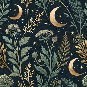 Op de afbeelding: Een naadloos patroon met gouden maansikkels en vierpuntige sterren op een donkerblauwe achtergrond, afgewisseld met gedetailleerde illustraties van groene en gouden wilde bloemen, varens en delicaat botanisch gebladerte.